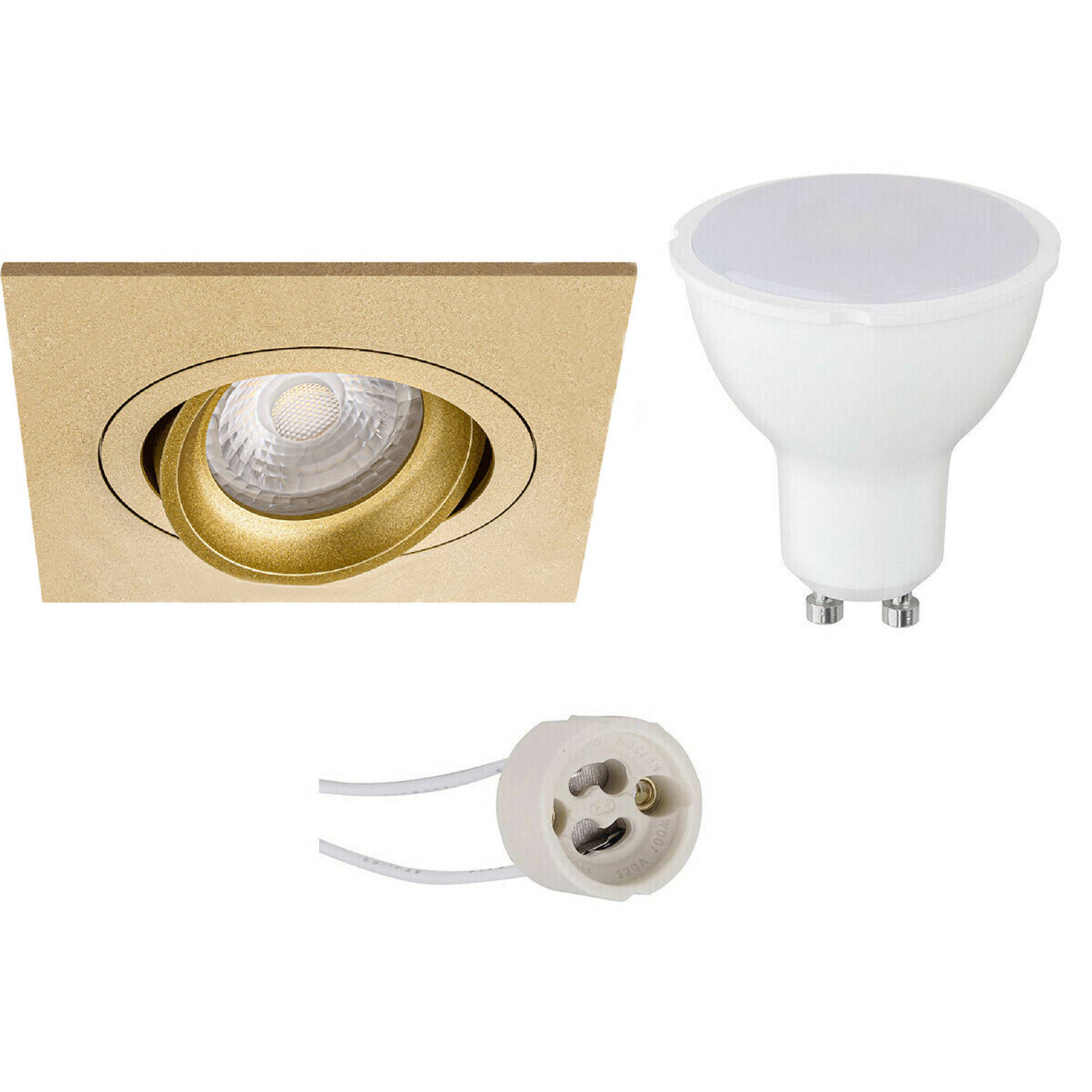 BES LED Led Spot Set - Pragmi Borny Pro - Gu10 Fitting - Inbouw Vierkant - Mat Goud - 4w - Warm 3000k - Kantelbaar - 92mm - Wit