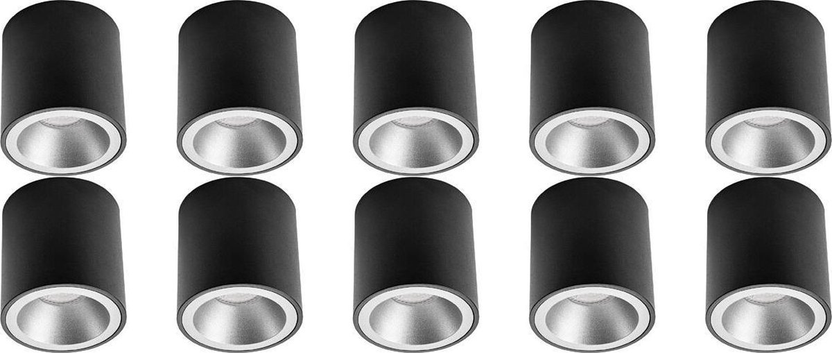 BES LED Opbouwspot 10 Pack - Pragmi Cliron Pro - Gu10 Fitting - Opbouw Rond - Mat/zilver - Aluminium - Verdiept - Ø90mm - Zwart