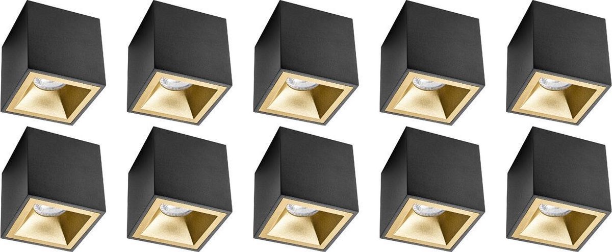 BES LED Opbouwspot 10 Pack - Pragmi Cliron Pro - Gu10 Fitting - Opbouw Vierkant - Mat/goud - Aluminium - Verdiept - Ø90mm - Zwart