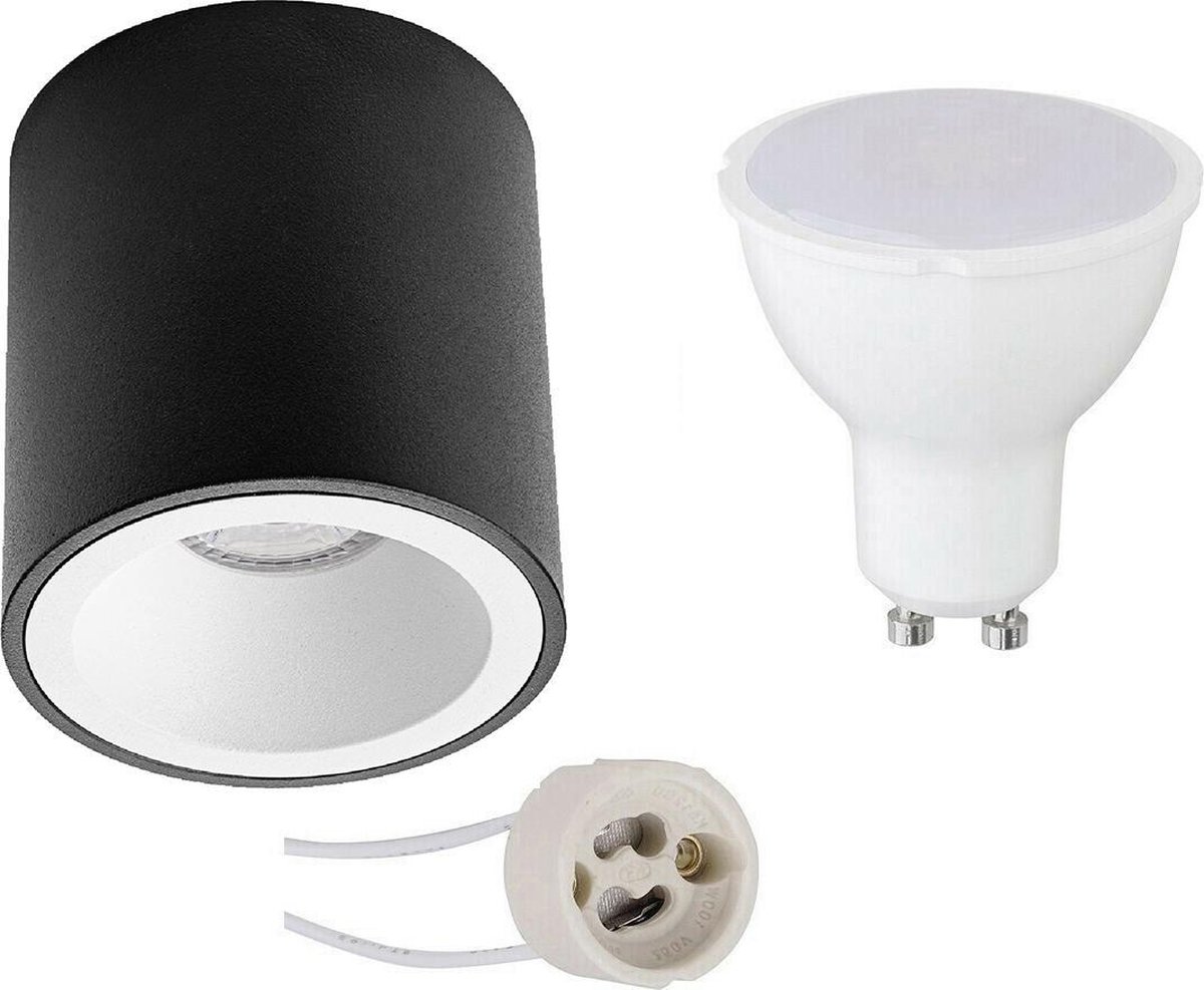 BES LED Opbouwspot Set - Pragmi Cliron Pro - Gu10 Fitting - Dimbaar - Opbouw Rond - Mat/wit - 6w - Helder/koud Wit 6400k - - Zwart