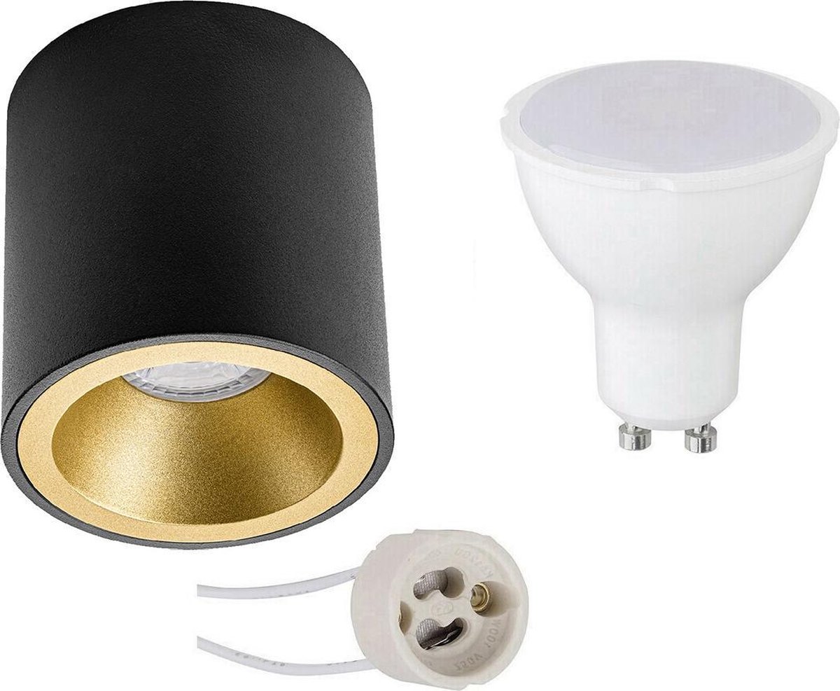 BES LED Opbouwspot Set - Pragmi Cliron Pro - Gu10 Fitting - Opbouw Rond - Mat/goud - 4w - Natuurlijk Wit 4200k - Verdiept - Zwart