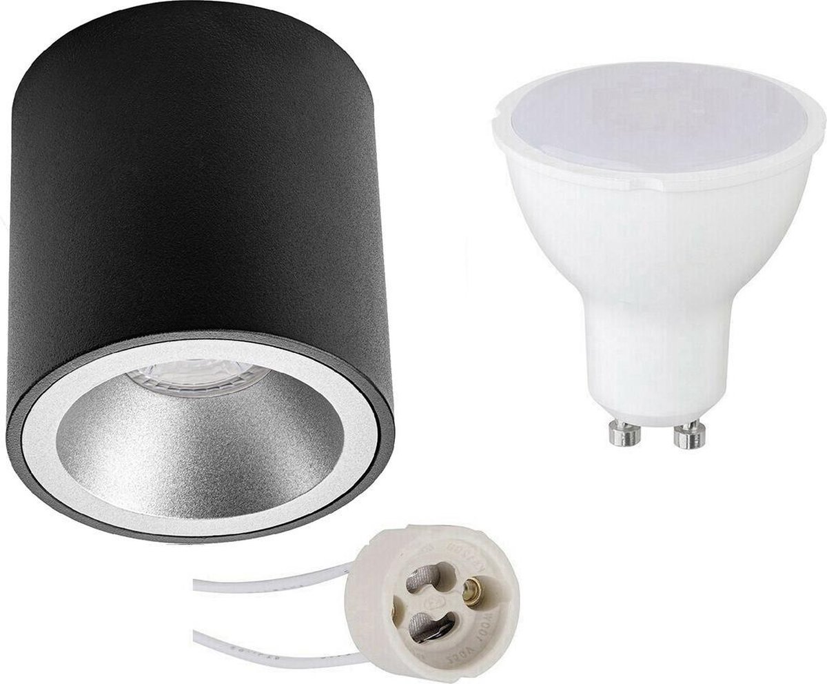 BES LED Opbouwspot Set - Pragmi Cliron Pro - Gu10 Fitting - Opbouw Rond - Mat/zilver - 6w - Warm Wit 3000k - Verdiept - - Zwart