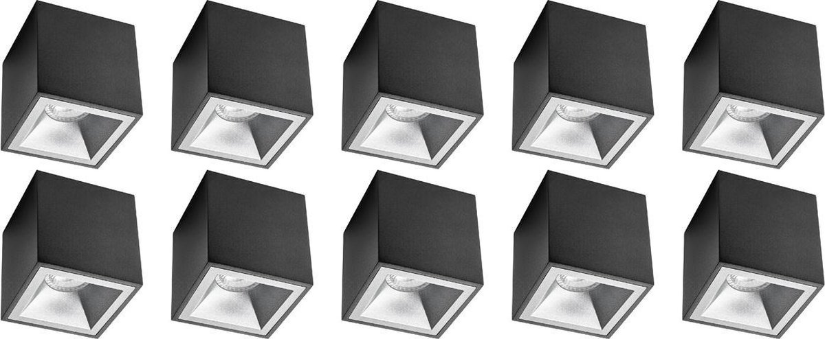 BES LED Opbouwspot 10 Pack - Pragmi Cliron Pro - Gu10 Fitting - Opbouw Vierkant - Mat/zilver - Aluminium - Verdiept - - Zwart