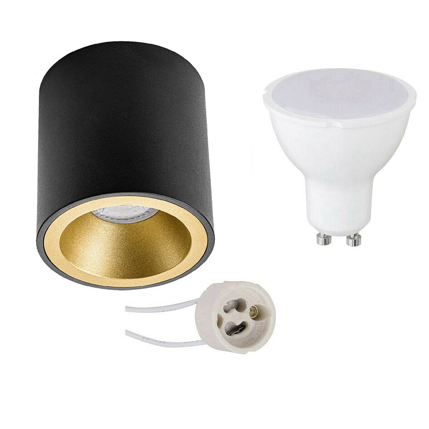 BES LED Opbouwspot Set - Pragmi Cliron Pro - Gu10 Fitting - Opbouw Rond - Mat/goud - 4w - Warm Wit 3000k - Verdiept - - Zwart