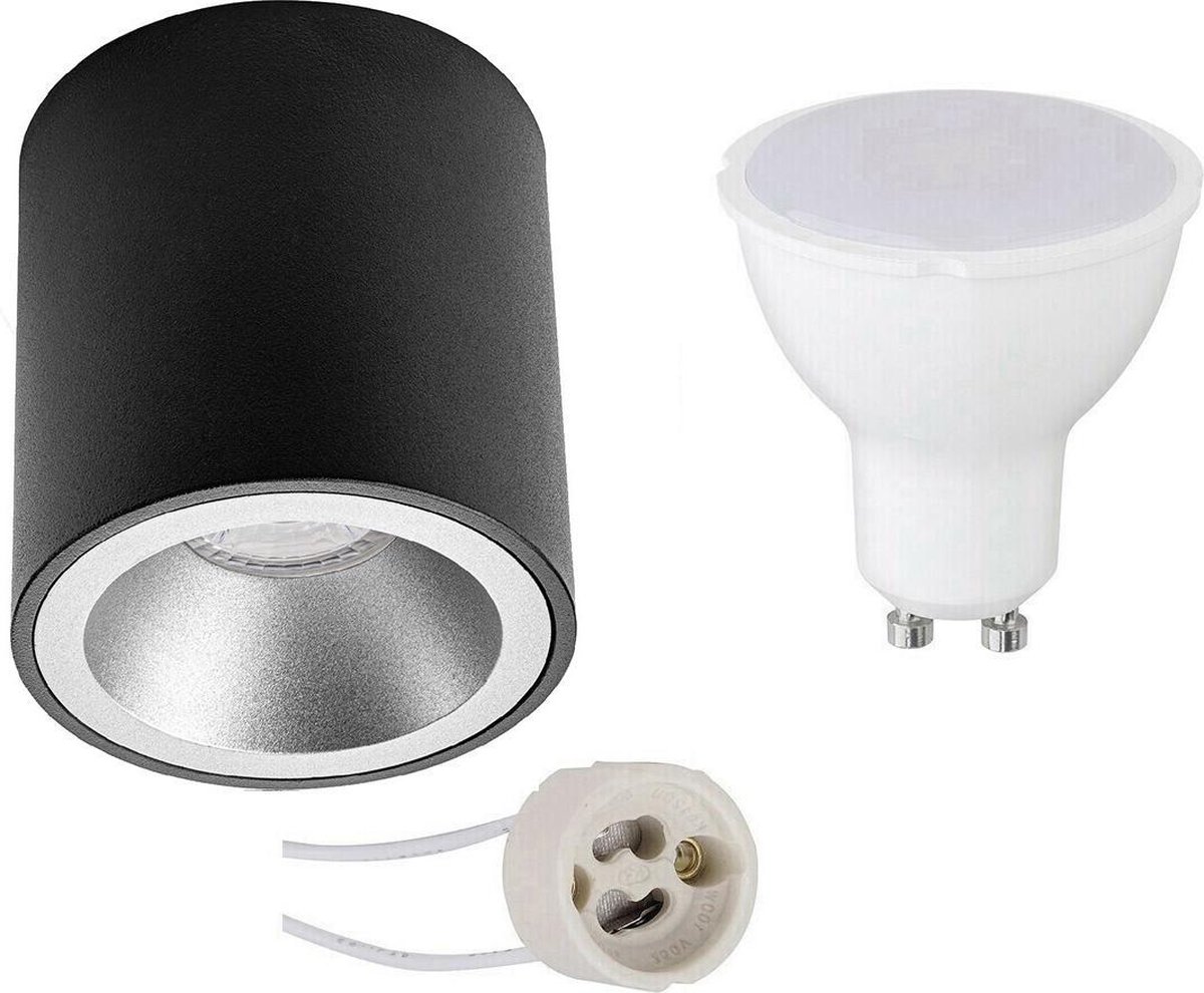 BES LED Opbouwspot Set - Aigi - Pragmi Cliron Pro - Gu10 Fitting - Opbouw Rond - Mat/zilver - 8w - Warm Wit 3000k - - Zwart