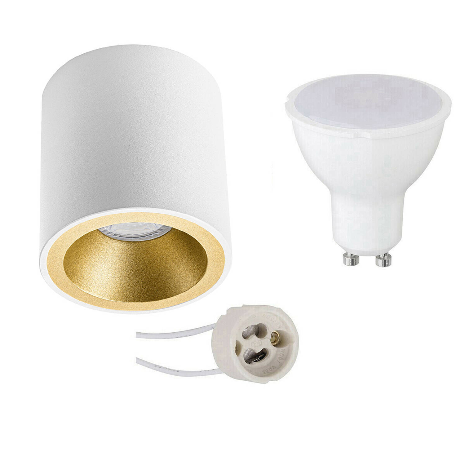 BES LED Opbouwspot Set - Pragmi Cliron Pro - Gu10 Fitting - Opbouw Rond - Mat/goud - 4w - Warm 3000k - Verdiept - Ø90mm - Wit