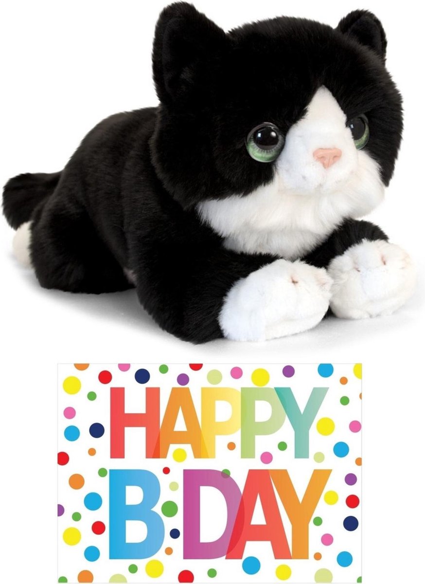 Bellatio Decorations Cadeau Setje Pluche/witte Kat/poes Knuffel 32 Cm Met Grote A5 Formaat Happy Birthday Wenskaart - Zwart