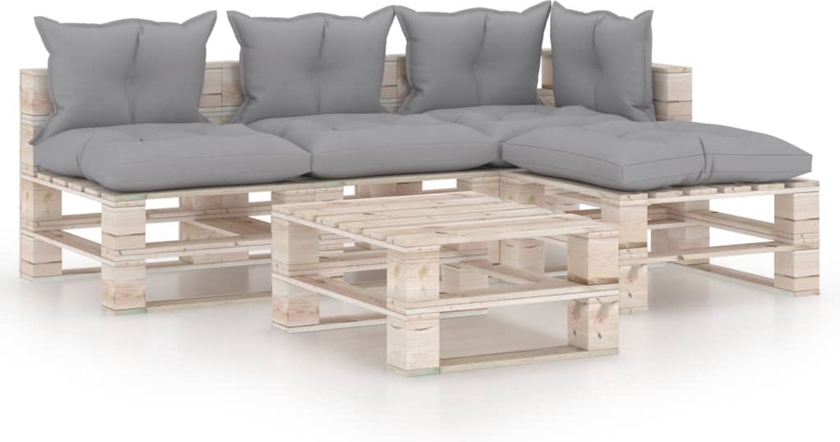 Vidaxl 5-delige Loungeset Met Kussens Pallet Grenenhout - Grijs