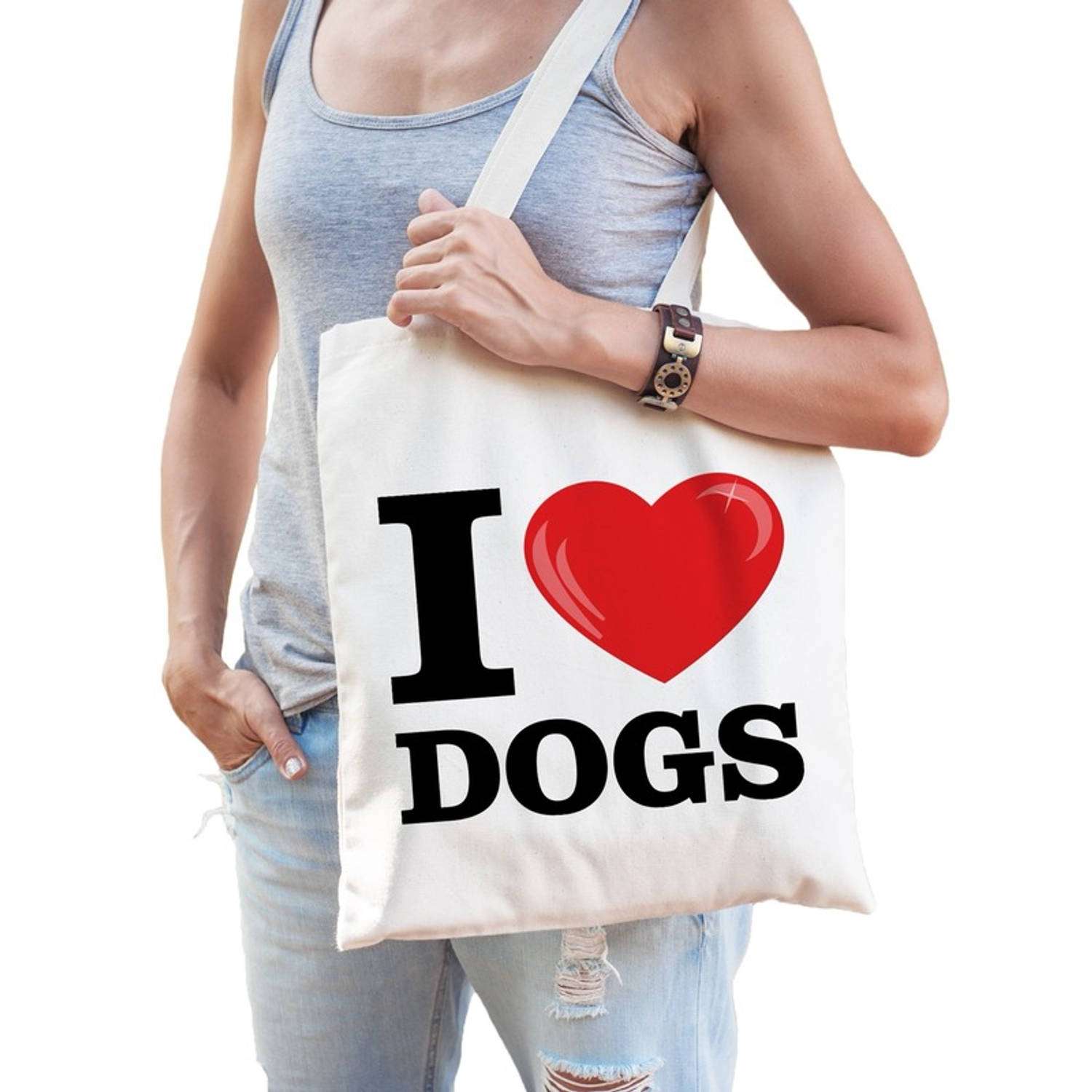 Bellatio Decorations Katoenen Tasje I Love Dogs/ Honden - Beige