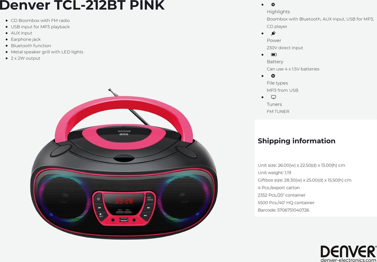 Denver Draagbare Boombox - - Roze