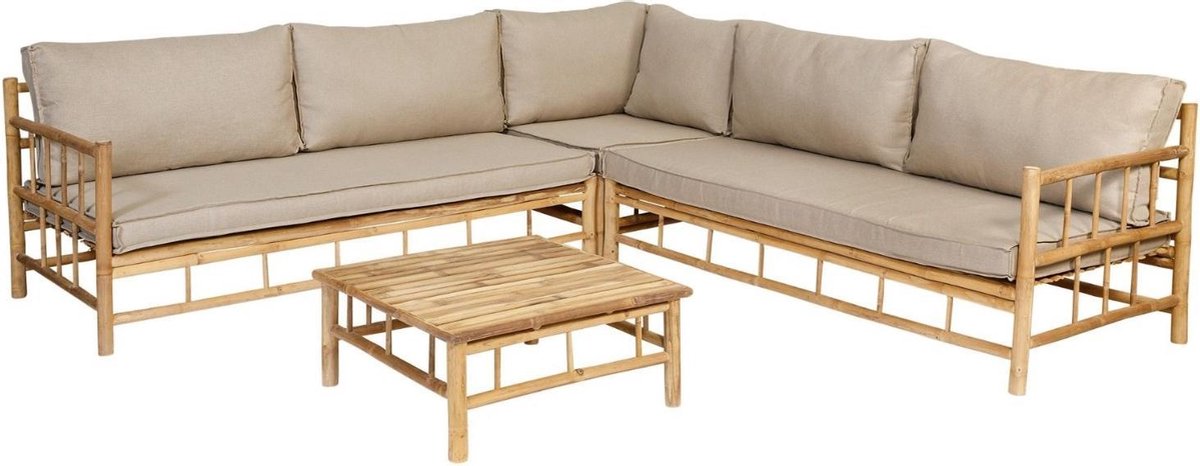 Exotan Bamboo Hoek Loungeset - Hoek Loungebank + Koffietafel - Incl. Kussens - Bruin