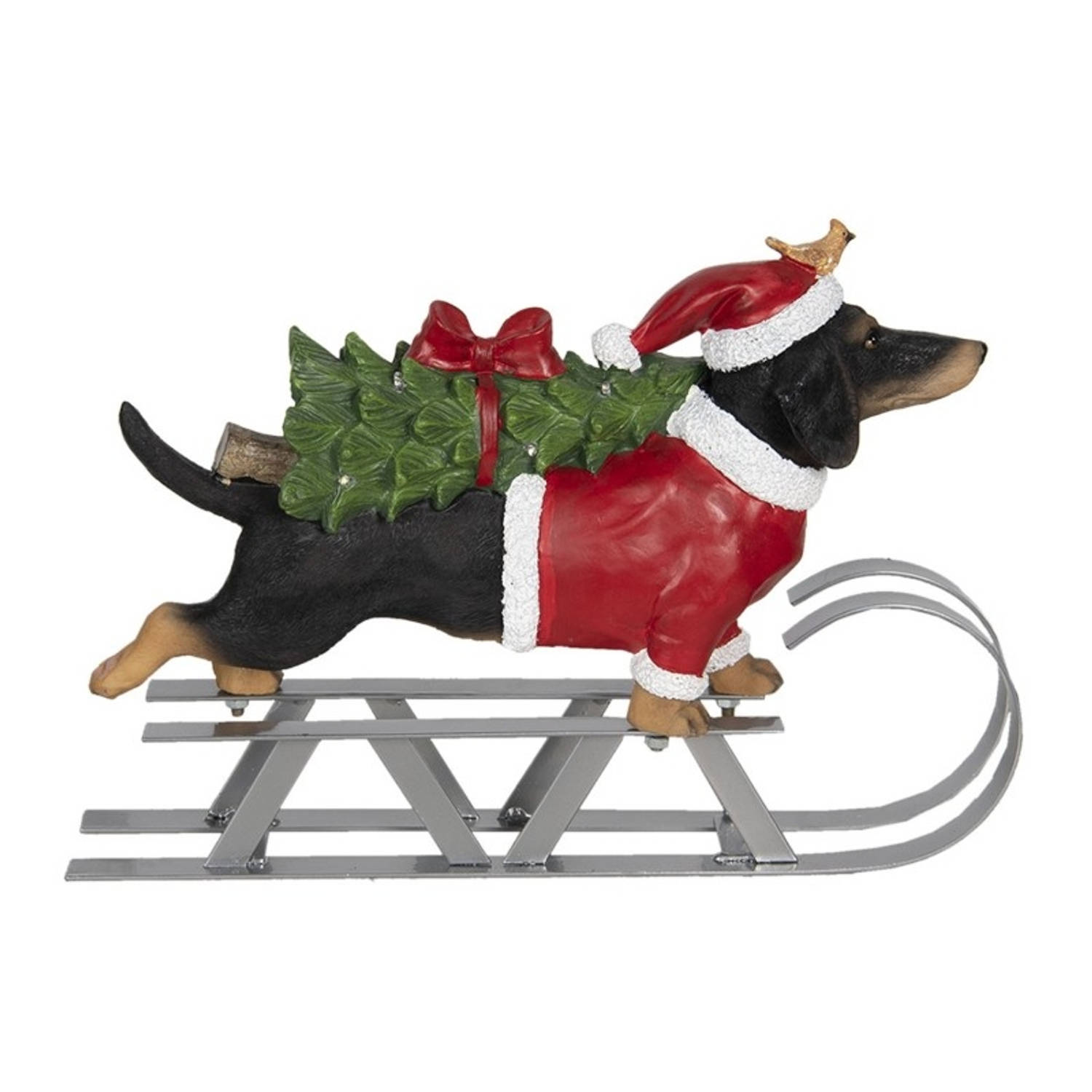 Clayre & Eef Decoratie Hond Op Slee Led 40*10*28 Cm Meerkleurig Kunststof Hond 6pr2999 - Bruin