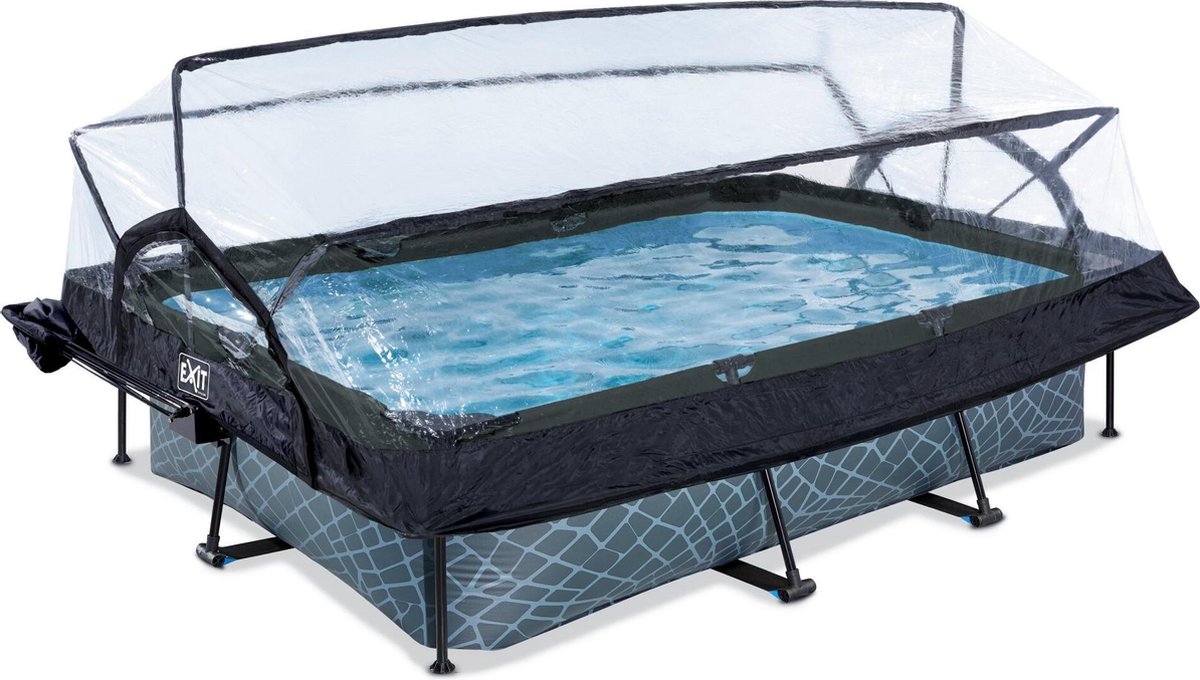 EXIT Toys Stone Zwembad 300x200x65cm Met Overkapping, Schaduwdoek En Filterpomp - - Grijs