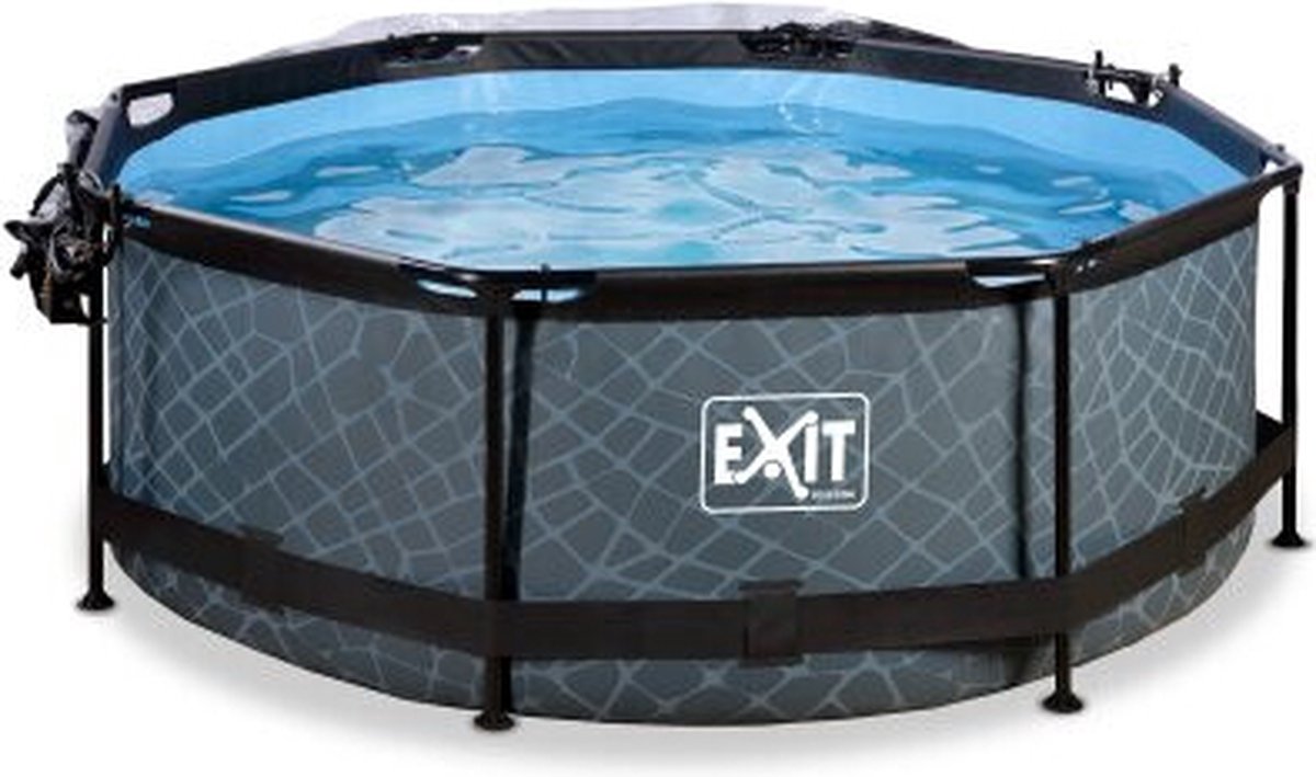 EXIT Toys Stone Zwembad 300x200x65cm Met Overkapping, Schaduwdoek En Filterpomp - - Grijs
