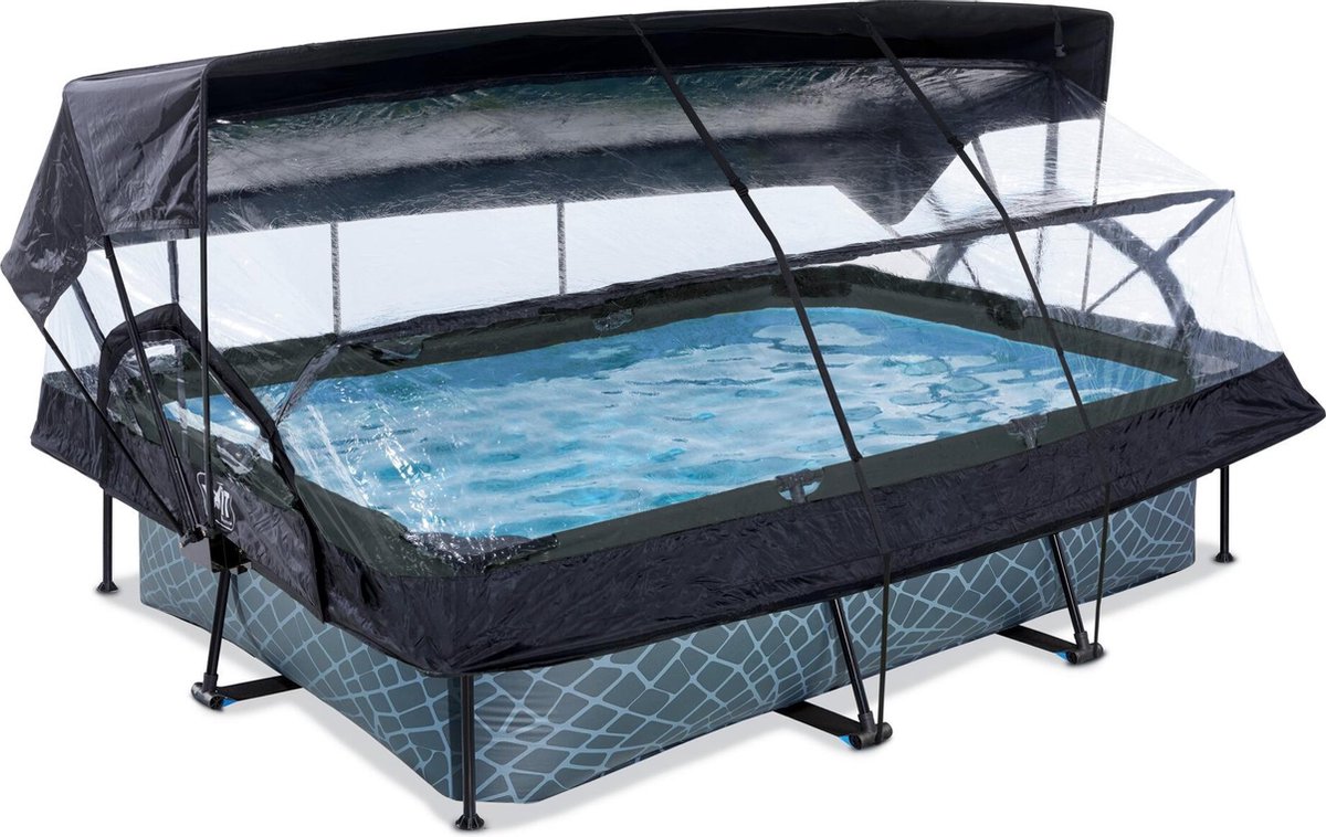 EXIT Toys Stone Zwembad 300x200x65cm Met Overkapping, Schaduwdoek En Filterpomp - - Grijs