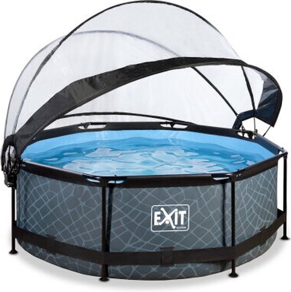 EXIT Toys Stone Zwembad 300x200x65cm Met Overkapping, Schaduwdoek En Filterpomp - - Grijs