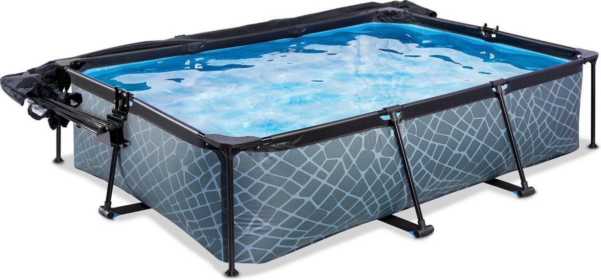EXIT Toys Stone Zwembad 300x200x65cm Met Overkapping, Schaduwdoek En Filterpomp - - Grijs