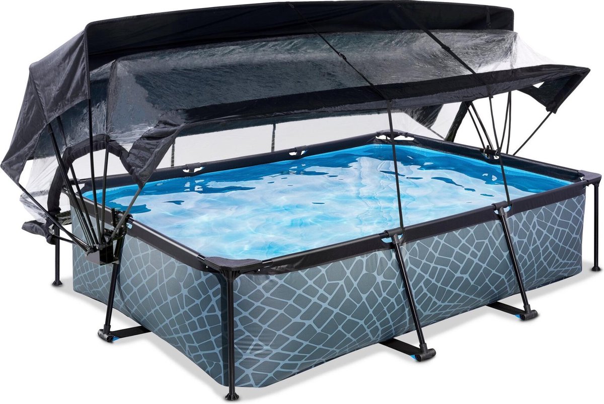 EXIT Toys Stone Zwembad 300x200x65cm Met Overkapping, Schaduwdoek En Filterpomp - - Grijs