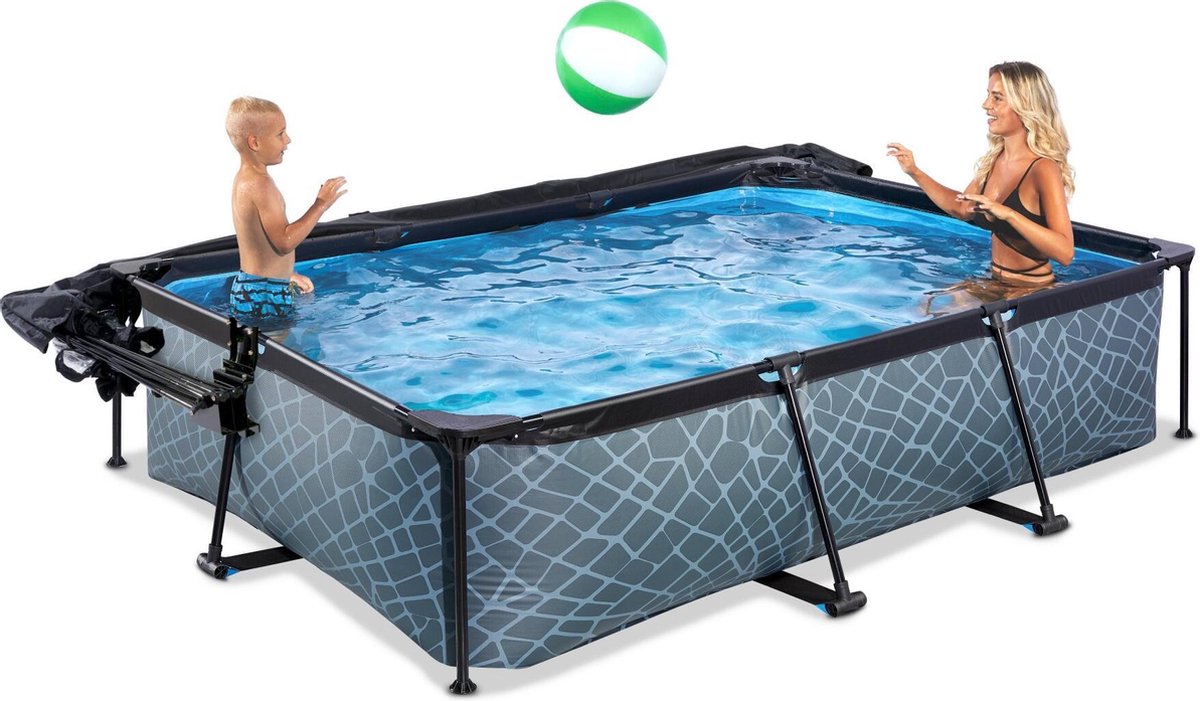 EXIT Toys Stone Zwembad 300x200x65cm Met Overkapping, Schaduwdoek En Filterpomp - - Grijs