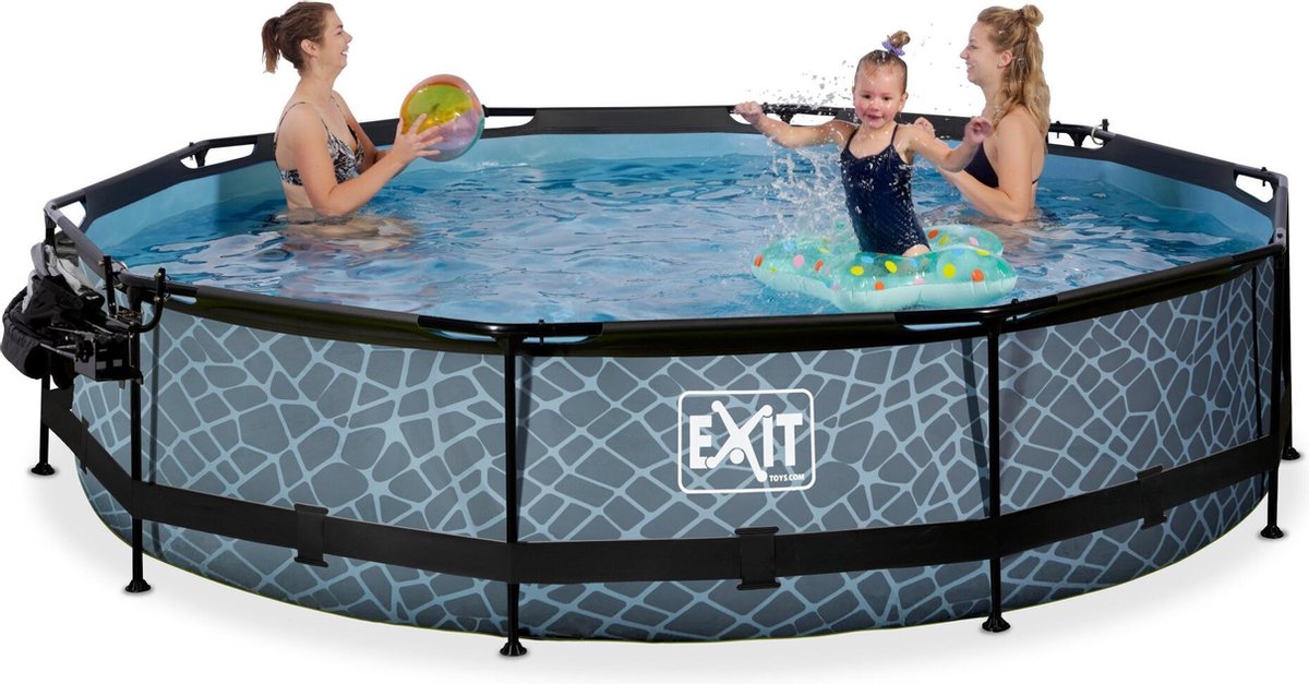 EXIT Toys Stone Zwembad ø360x76cm Met Overkapping, Schaduwdoek En Filterpomp - - Grijs