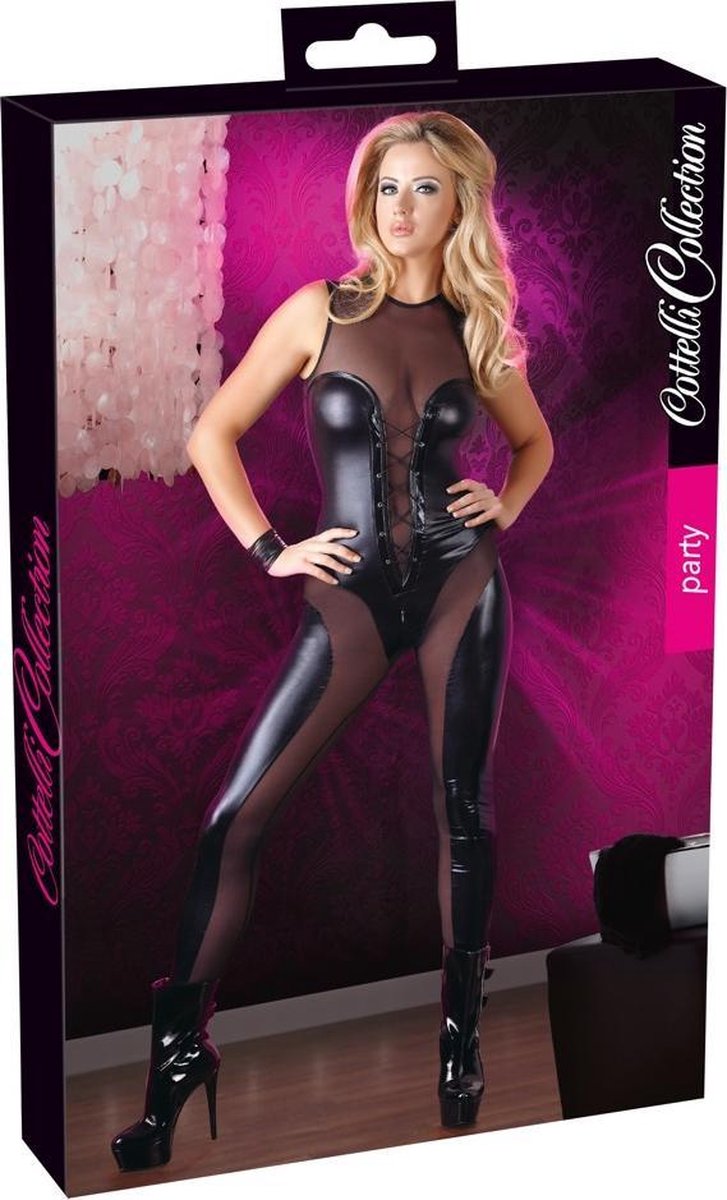 Cottelli Collection Catsuit Gaas en Wetlook - Zwart