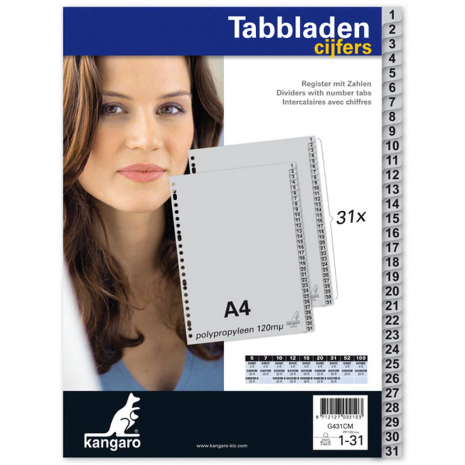 Tabblad Kangaro A4 Cijfers Pp 120mµ Grijs 23-gaats 31-delig - Wit