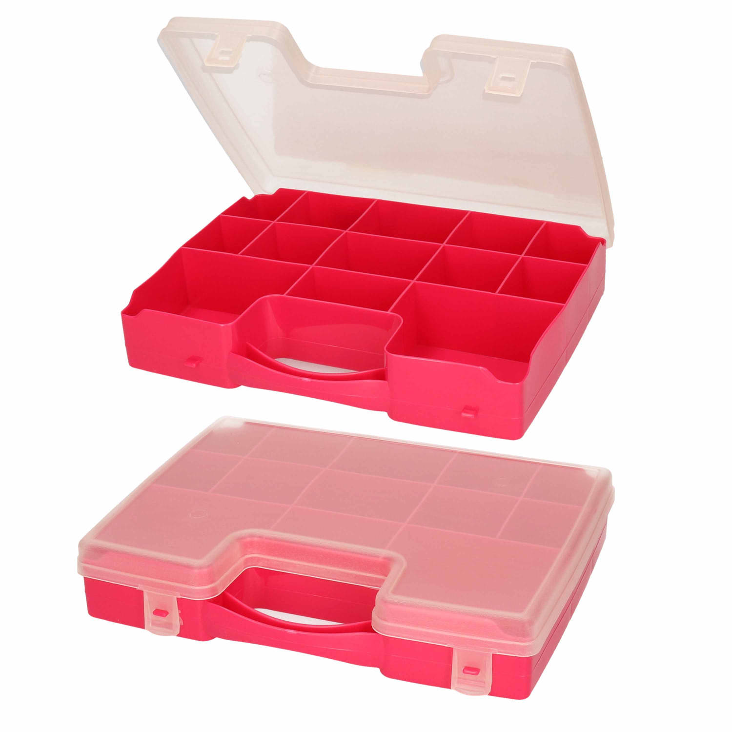 Forte Plastics 2x Opbergkoffertje/opbergdoosjes 13-vaks - Fuchsia Roze - Sorteerdoos/box - Opbergers - 27,5 X 20,5 X 3 Cm - Rood