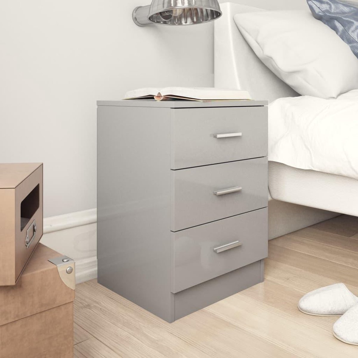 Vidaxl Nachtkastje 38x35x56 Cm Spaanplaat Hoogglans - Grijs