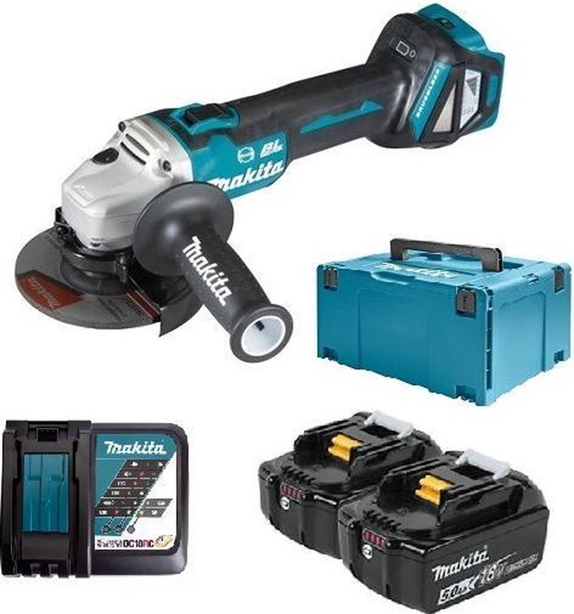 Makita DGA511RTJ 18v Haakse slijper 125mm | 18v 5.0Ah Li-ion in M-box