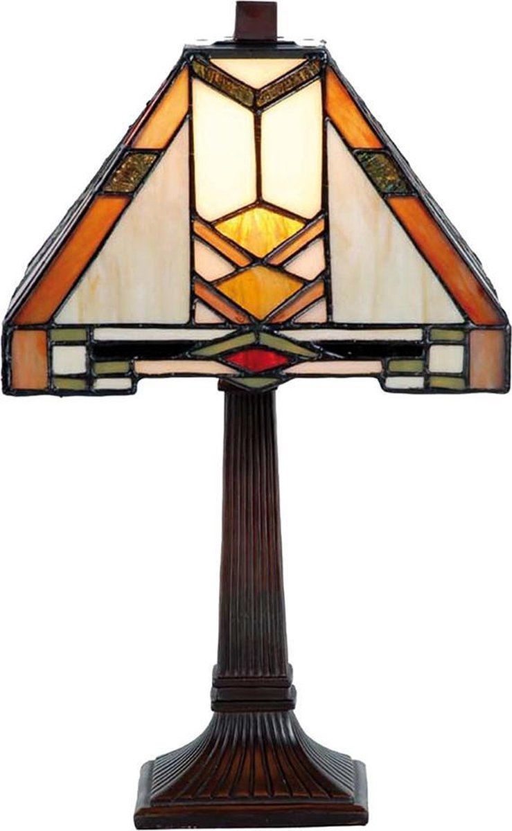 Clayre & Eef Tiffany Tafel Lampje Uit De Modern Lines Serie -, Oranje, Wit, Multi Colour - Ijzer, Glas - Bruin