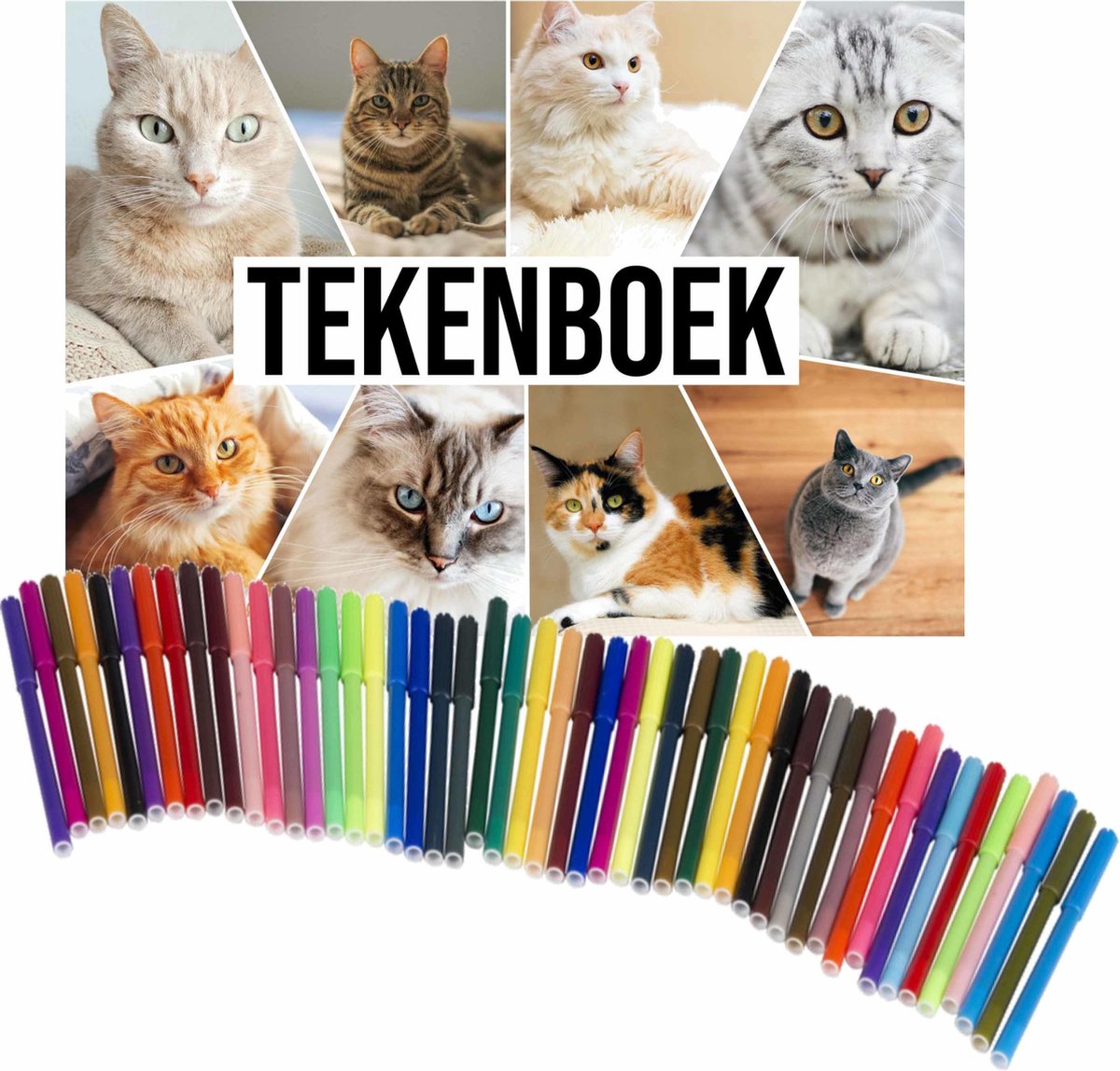 Bellatio Decorations Schetsboek Katten Liefhebbers A4 50 Paginas Met 50 Viltstiften - Tekenboeken Cadeau Voor Kinderen - Wit