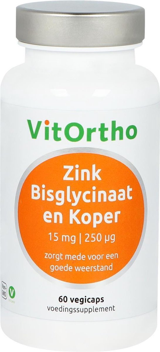 Vitortho Zink Bisglycinaat 15 mg en Koper 250 μg (60 vegicaps) -