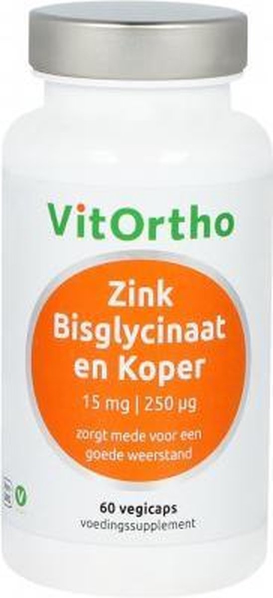 Vitortho Zink Bisglycinaat 15 mg en Koper 250 μg (60 vegicaps) -