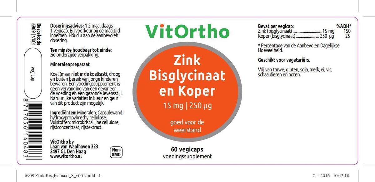 Vitortho Zink Bisglycinaat 15 mg en Koper 250 μg (60 vegicaps) -