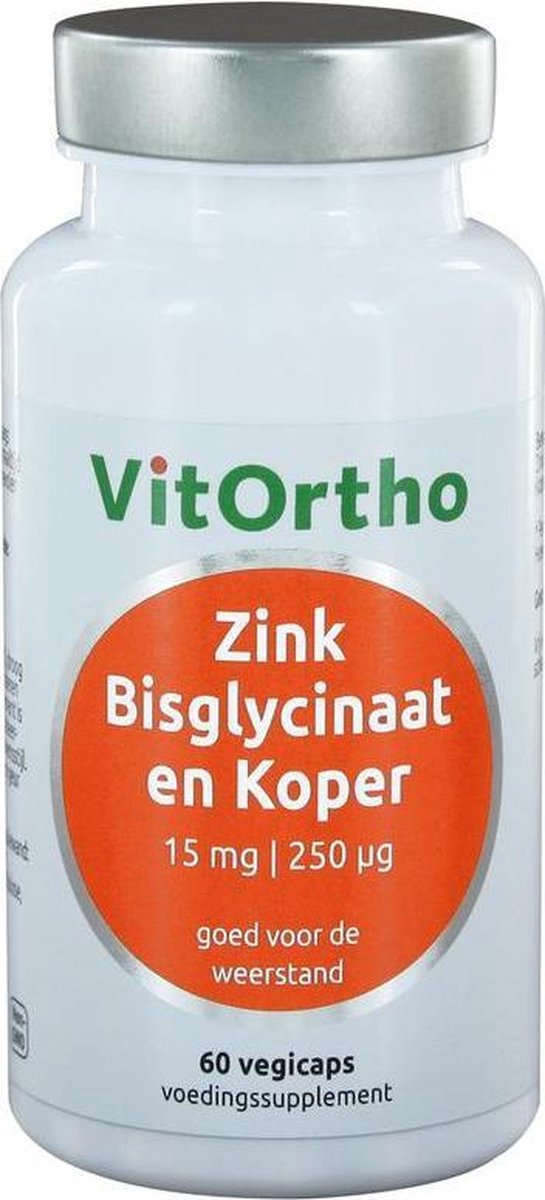 Vitortho Zink Bisglycinaat 15 mg en Koper 250 μg (60 vegicaps) -