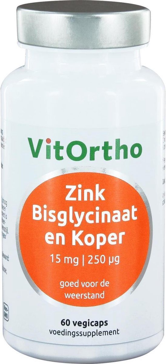Vitortho Zink Bisglycinaat 15 mg en Koper 250 μg (60 vegicaps) -