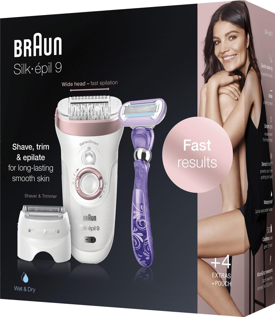 Braun Ladyshave - Silk-épil 9 SensoSmart + 7 Extras - Roze