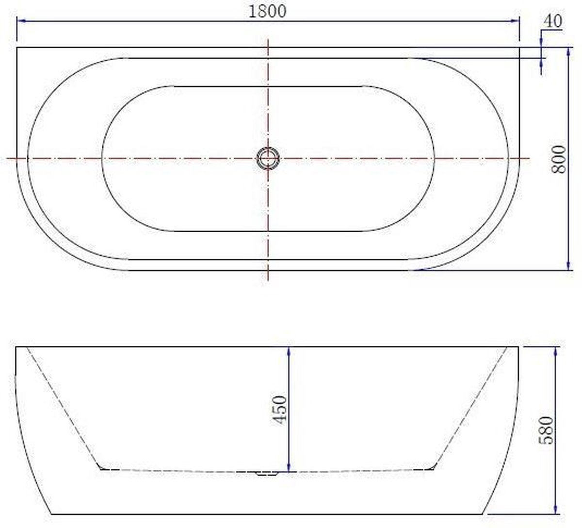 Wiesbaden Wall half-vrijstaand acryl ligbad 180x80 cm met waste, - Wit