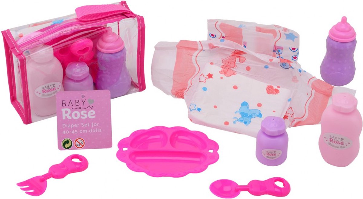 Johntoy verzorgset Baby Rose meisjes 15 x 10 cm 8 delig - Roze