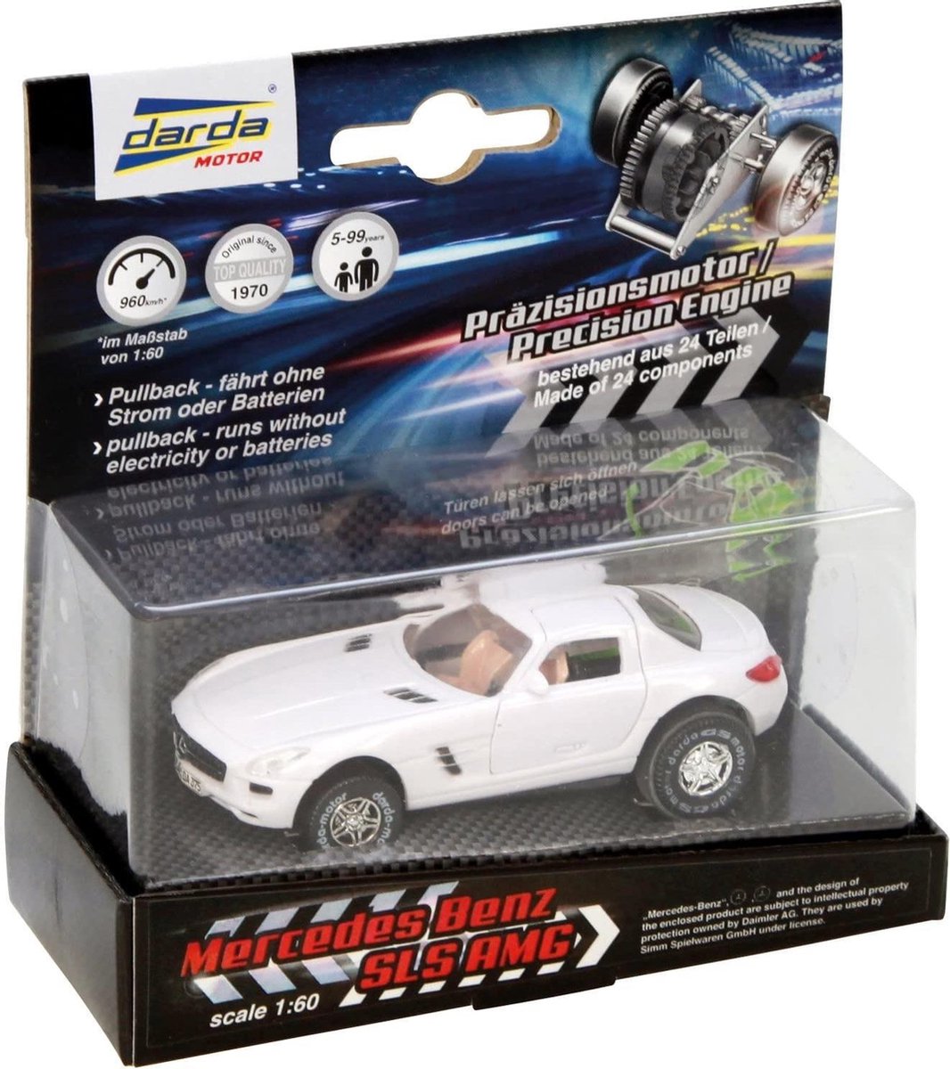 Darda speelgoedauto Mercedes Benz SLS AMG pull back 1:60 - Wit