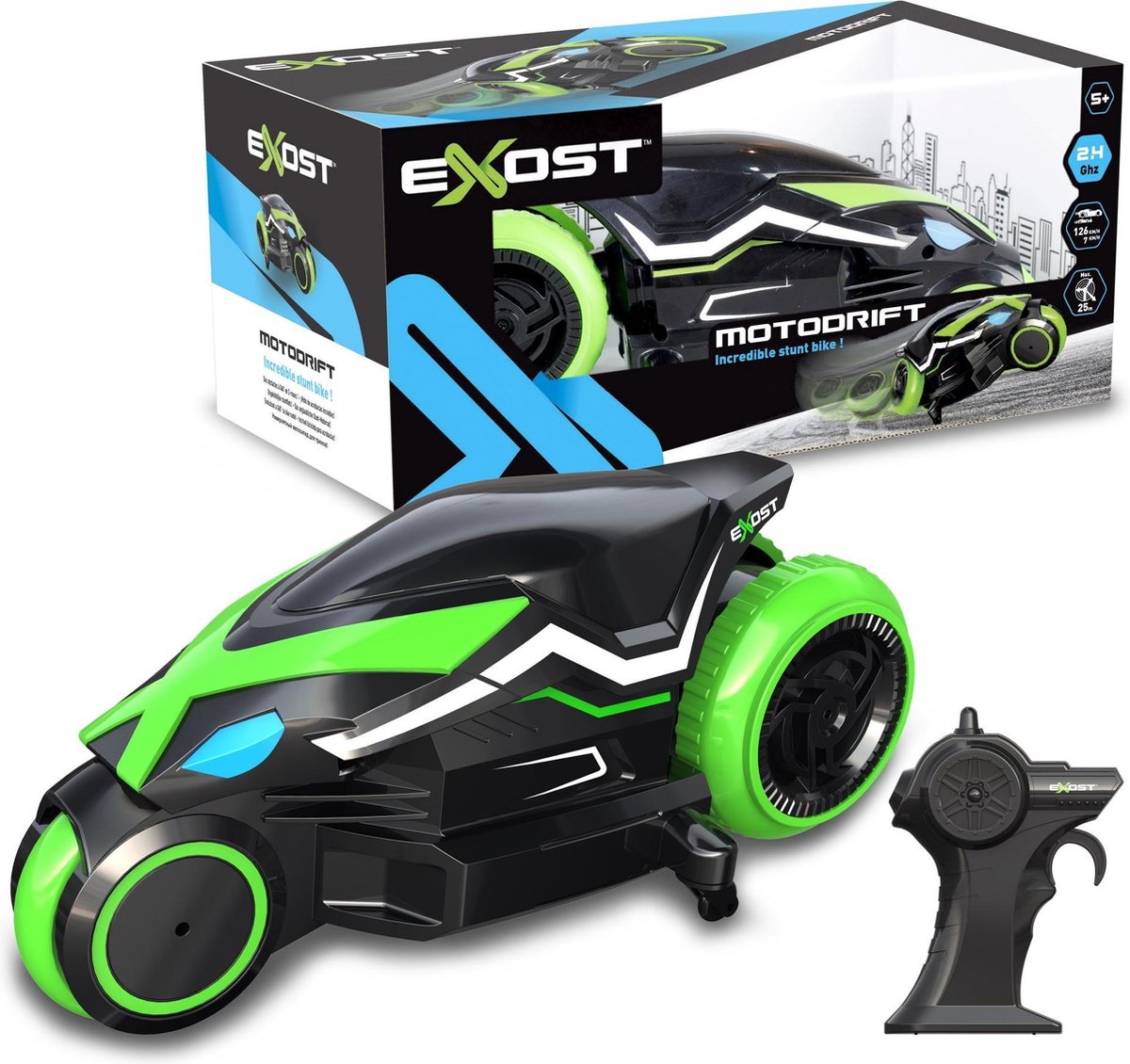 Silverlit Exost stuntmotor RC Motodrift 28 x 15 cm zwart/groen 2 delig