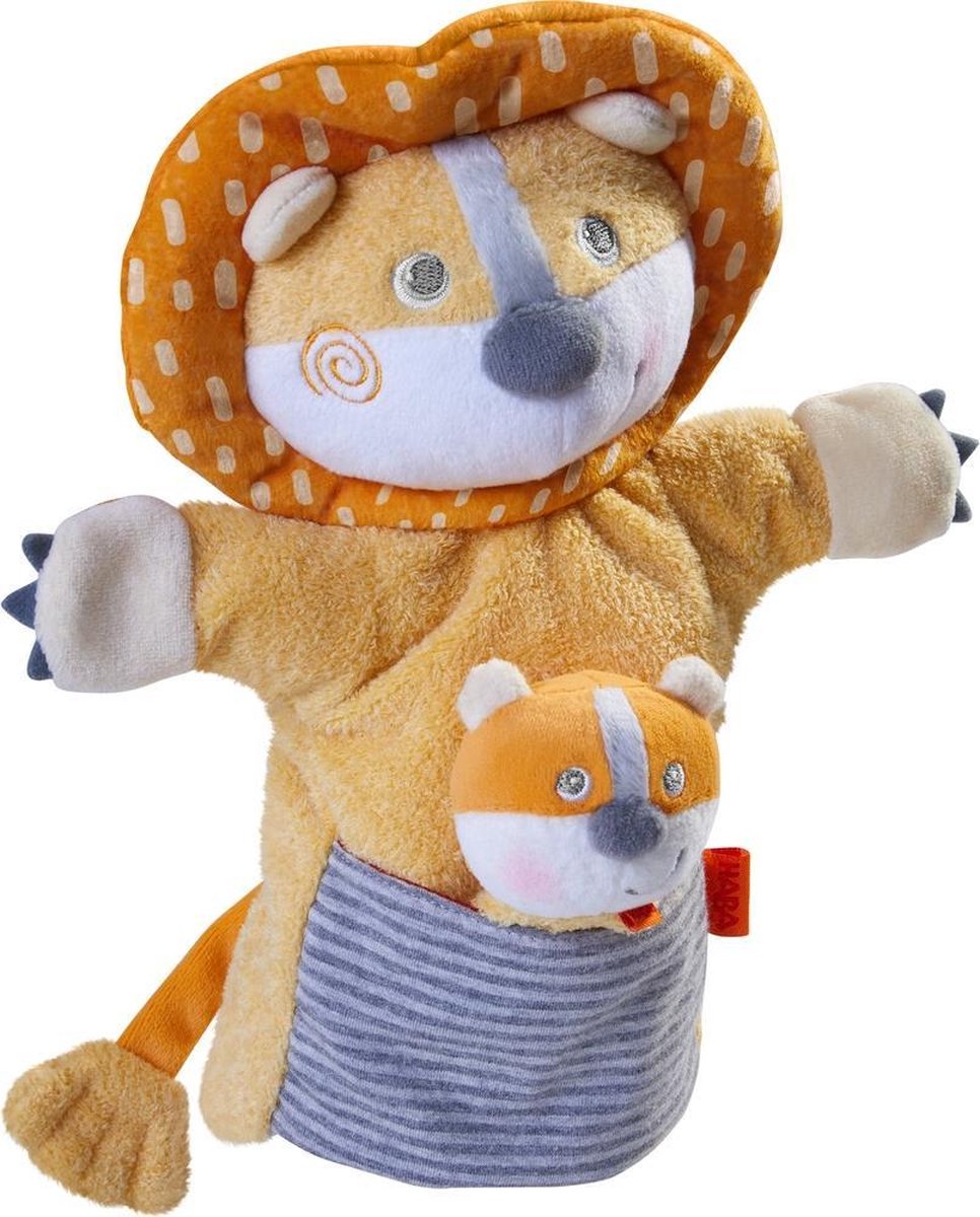 HABA handpop Leeuw met baby junior 30 x 22 cm polyester - Oranje