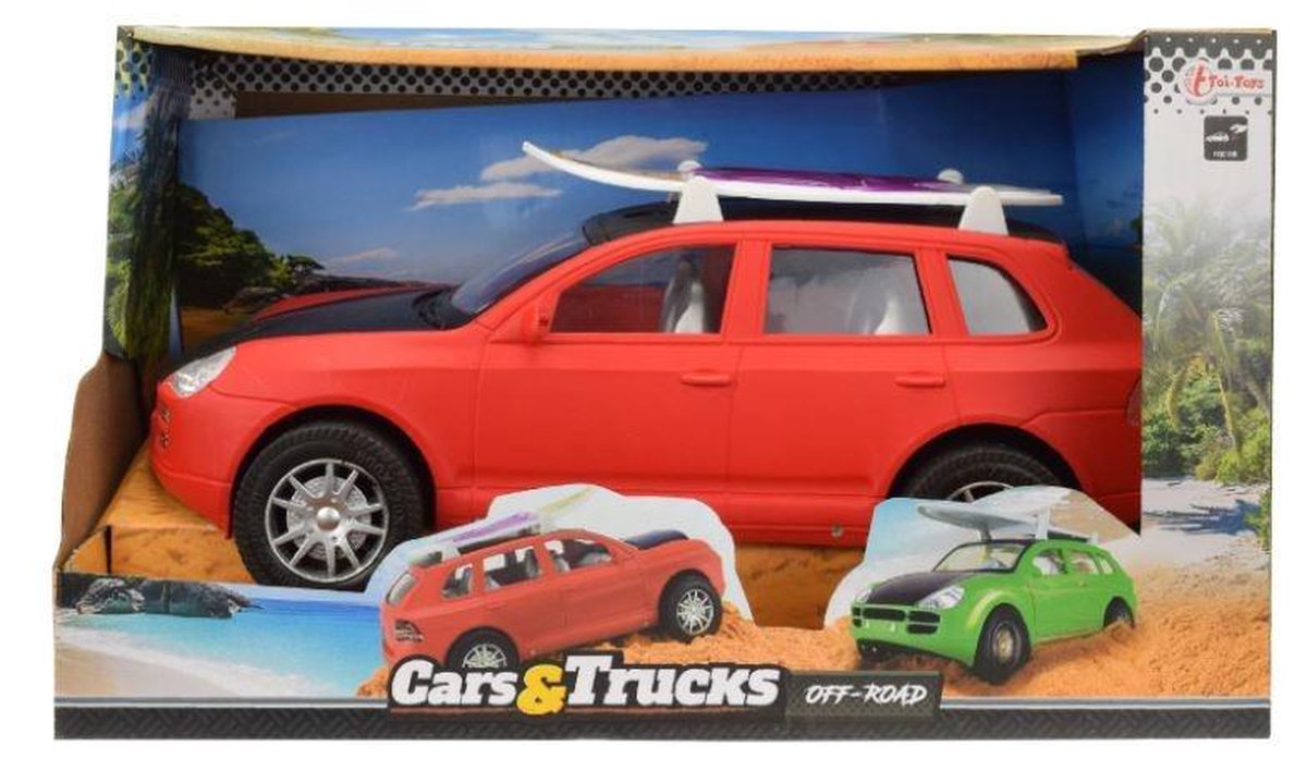 Huismerk Toi Toys auto met surfboard 31 cm - Rood