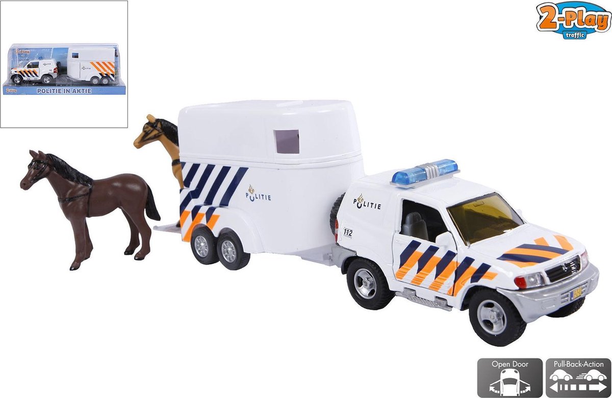 Kids Globe Farming 2 Play politie met paardentrailer diecast pull back 25 cm - Wit