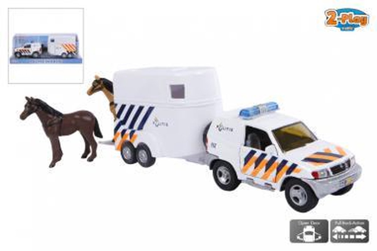 Kids Globe Farming 2 Play politie met paardentrailer diecast pull back 25 cm - Wit