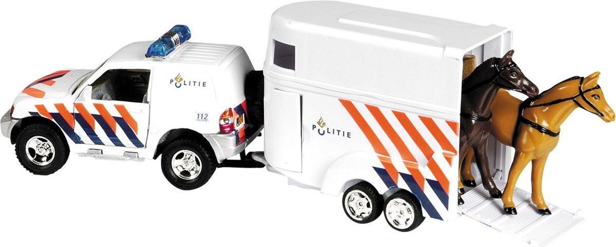 Kids Globe Farming 2 Play politie met paardentrailer diecast pull back 25 cm - Wit