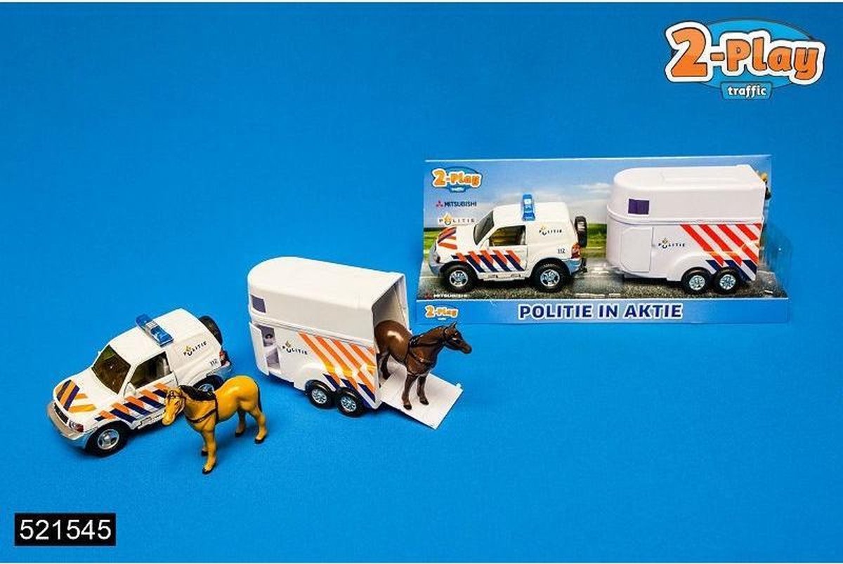 Kids Globe Farming 2 Play politie met paardentrailer diecast pull back 25 cm - Wit