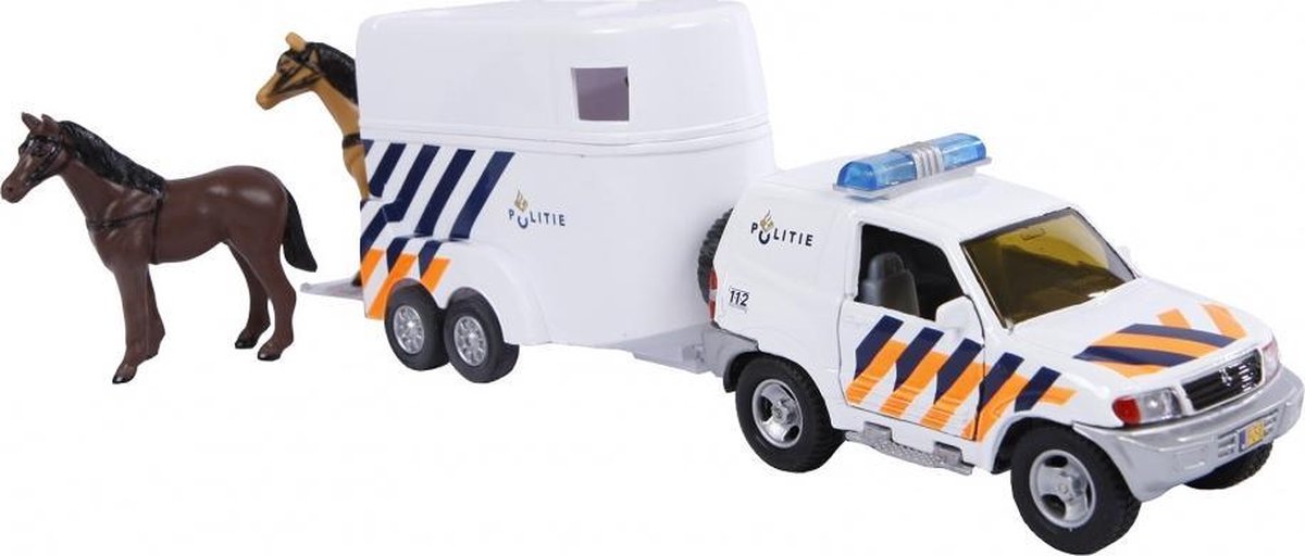 Kids Globe Farming 2 Play politie met paardentrailer diecast pull back 25 cm - Wit