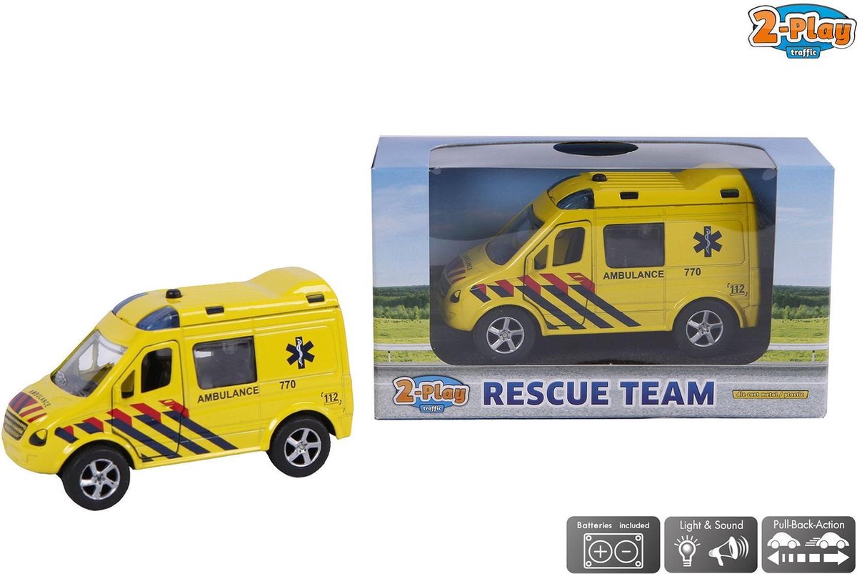 2-Play 2 Play ambulance pull back met licht en geluid 11 cm - Geel