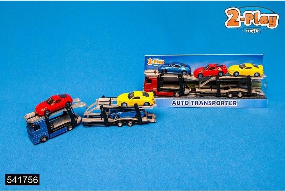 2-Play 2 Play autotransporter diecast met 3 auto&apos;s 26 cm multicolor